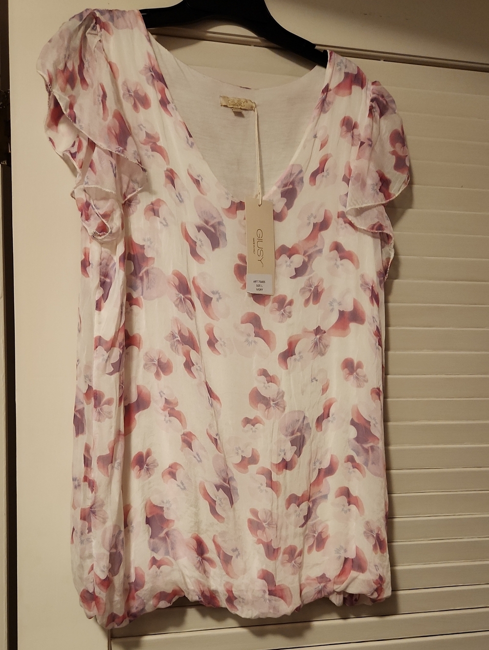 Gussy White Floral V-Neck Blouse with Pink & Purple Print